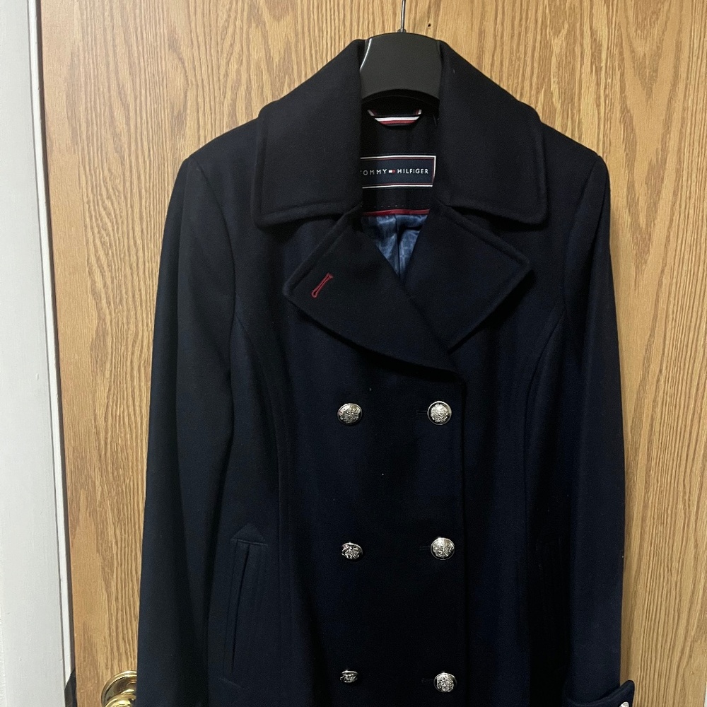 Tommy Hilfiger Dark Blue Wool Blend Double Breasted Peacoat- Medium